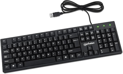 Manhattan Wired Computer Keyboard – Basic Black Keyboard - with 4.5ft USB-A Cable, 104-keys, Foldable Stands - Compatible for Windows, PC, Laptop - 3 Yr Mfg Warranty – 179324