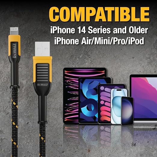 DEWALT Heavy Duty Lightning to USB A Cable — Reinforced Braided Cable for Lightning — Charger Cord Compatible with iPhone — Apple Compatible Charging Cable… (USB A to Lightning, 4FT)