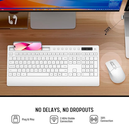 White Wireless Keyboard and Mouse Combo - Full-Size Quiet Keyboards with Palm Rest, Phone Holder, Multimedia Keys, Batteries Included, Office Key Board Compatible with Windows, PC, Laptop - Trueque
