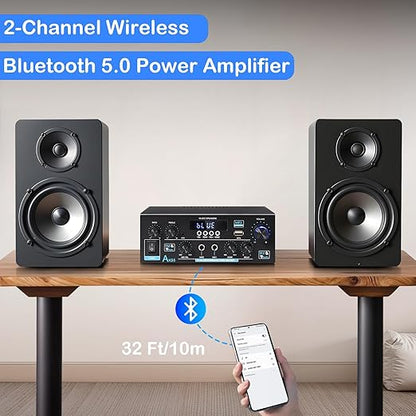 AK55 Stereo Amplifier Home Audio, Bluetooth 5.0 Max 450W Power Stereo Receivers 2.0 Channel Audio Amplifier for Speaker W/Remote Control/AUX/RCA/Echo/USB/2 MIC in for Home Party, Karaoke