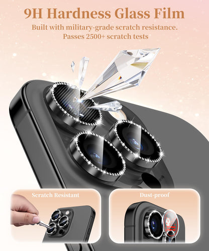 GolbinBox Camera Lens Protector for iPhone 17 Pro Max/17 Pro/16 Pro Max/16 Pro, 1:1 Invisible Fit, 9H Tempered Glass Ultra HD Metal Individual Camera Cover for Women, Case Friendly,Bling/Black