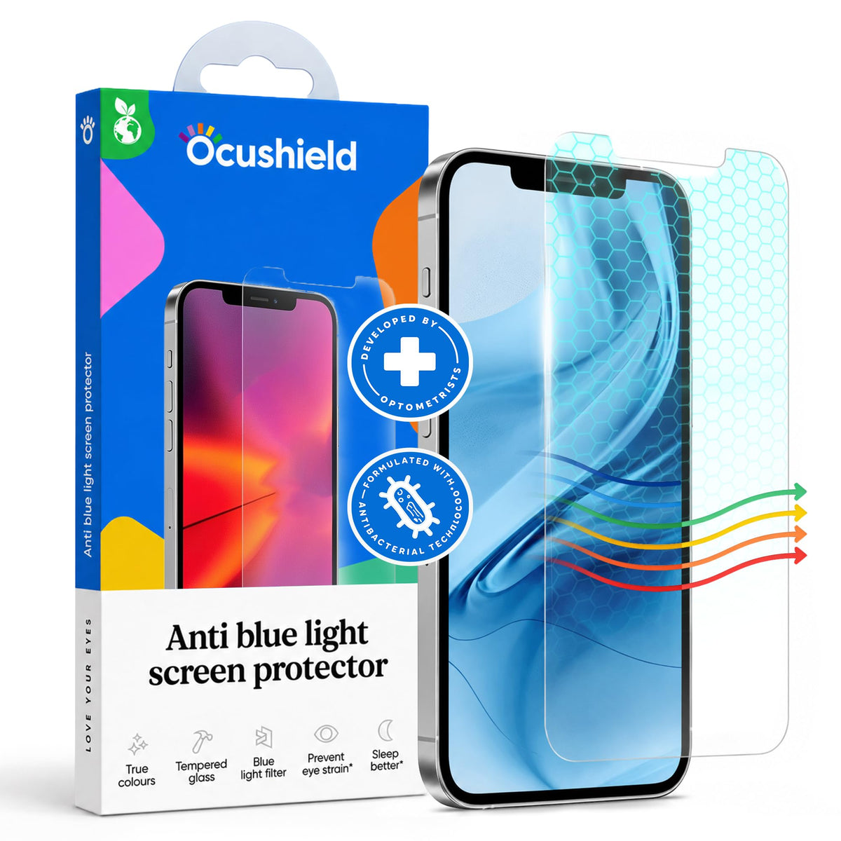 Ocushield Anti Blue Light Tempered Glass Screen Protector of iPhone 16 Plus (6.7")– Blocks Blue Light, Prevents Eye Strain & Helps You Sleep Better, 9H Hardness & Case Friendly