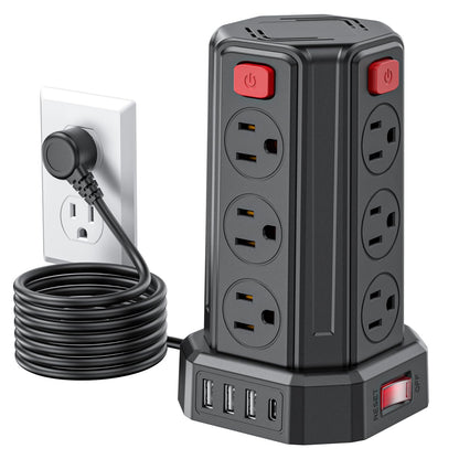 Power Strip Surge Protector, 6.5 Ft Extension Cord with 12 AC Multiple Outlets 4 USB (1 USB C), SMALLRT Power Tower Desktop Charging Station
