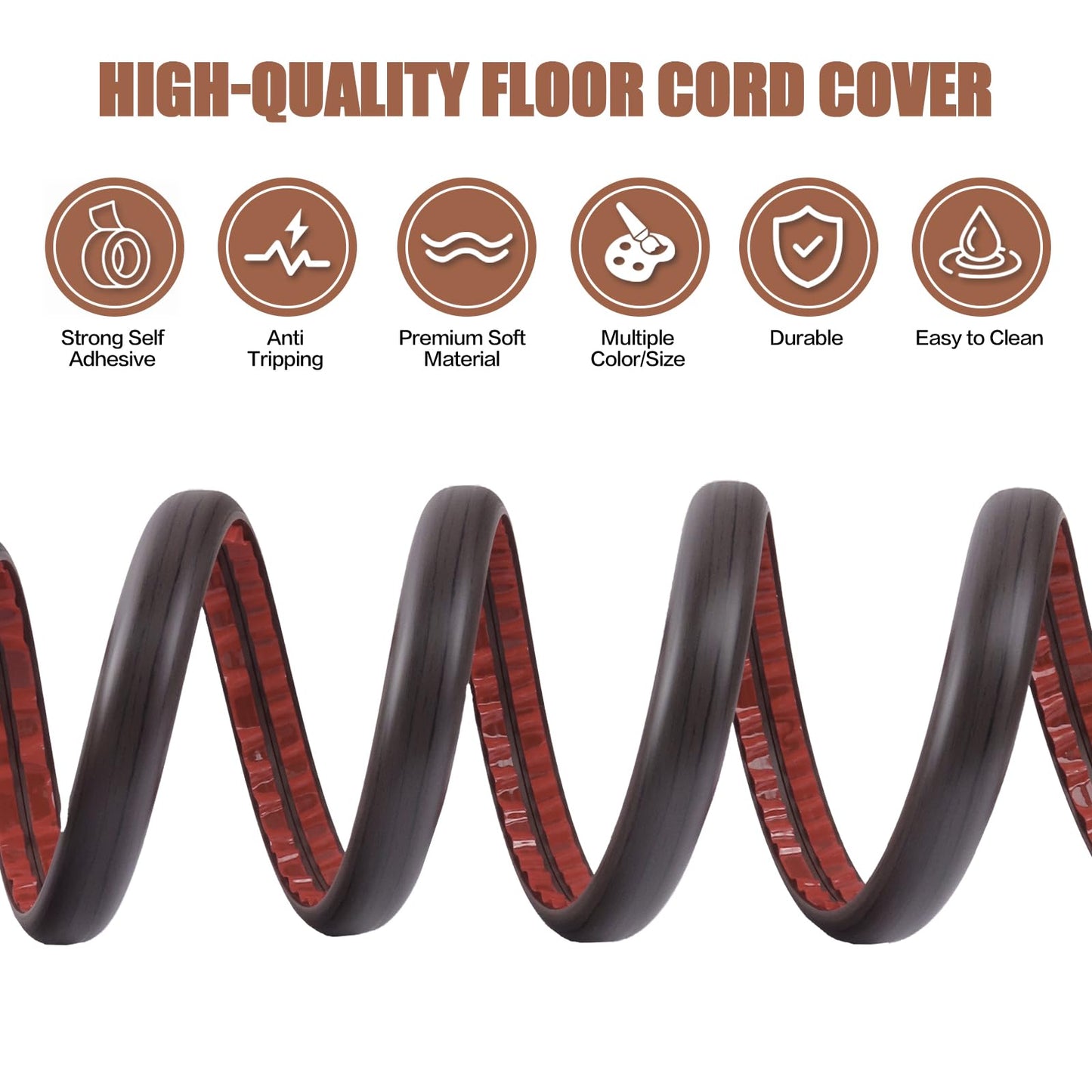 Floor Cord Cover Cavity 0.8"x0.37" Self Adhesive Cord Hider, 10FT Low Profile Cable Management, Extension Strip Protector for Wires, Prevent Cable Trips for Offices, Gyms, Exhibitions（Black Wood）