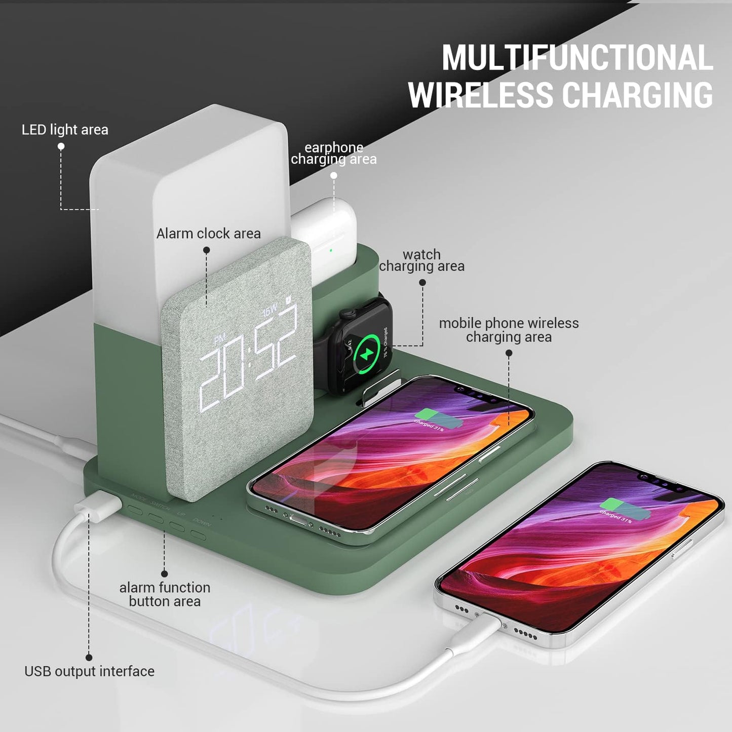 Wireless Charging Station, iPhone 3 in 1 Fast 15W Wireless Charger with Alarm Clock and Night Light, Charging Dock for iPhone 12/13/14/15/16/17 Pro/Pro Max, Samsung, AirPods
