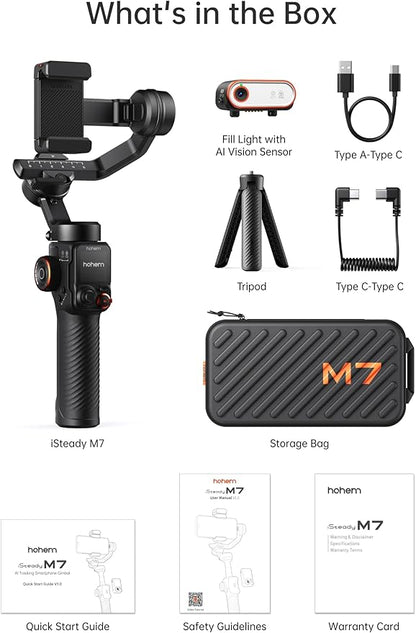 Hohem iSteady M7 Smartphone Gimbal Stabilizer, AI Tracking Sensor with Fill Light, 1.4" Full Color Detachable Touchscreen Remote Control, Built-in Extension Rod, 3-axis Phone Gimbal for iPhone Android