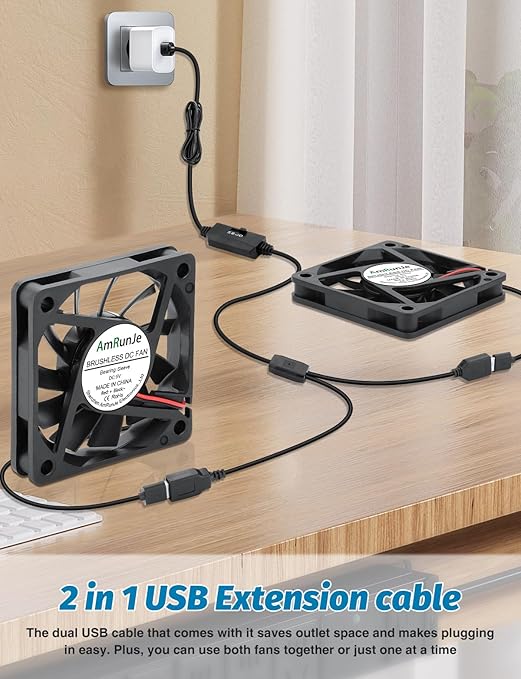 AmRunJe 60mm USB Cooling Fan 2PCS, 5V Brushless DC Fans with Variable Speed