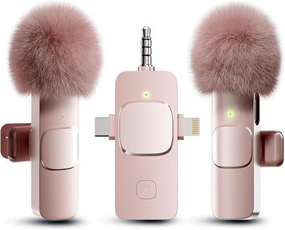 PQRQP 3 in 1 Wireless Lavalier Microphone for iPhone, iPad, Android, Camera, Mini Microphone, 7-Hour Battery, High Definition Sound Quality for Interview, Video Podcast, Vlog (Pink)