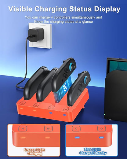 Charger for Nintendo Switch 2 and Switch 1 Controller, Horizontal Charging Dock Station for Joy Cons and for Joycon 2 Accessories with Foldable Storage Stand (Orange)