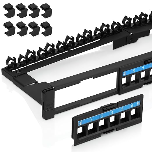 Everest 24 Port Keystone Patch Panel (4-Pack) - Removable 6-Port Panels - Use with Slim Profile Keystones ONLY (Wider Jacks May not fit Side by Side) - with Adjustable Rear Cable Management Bar