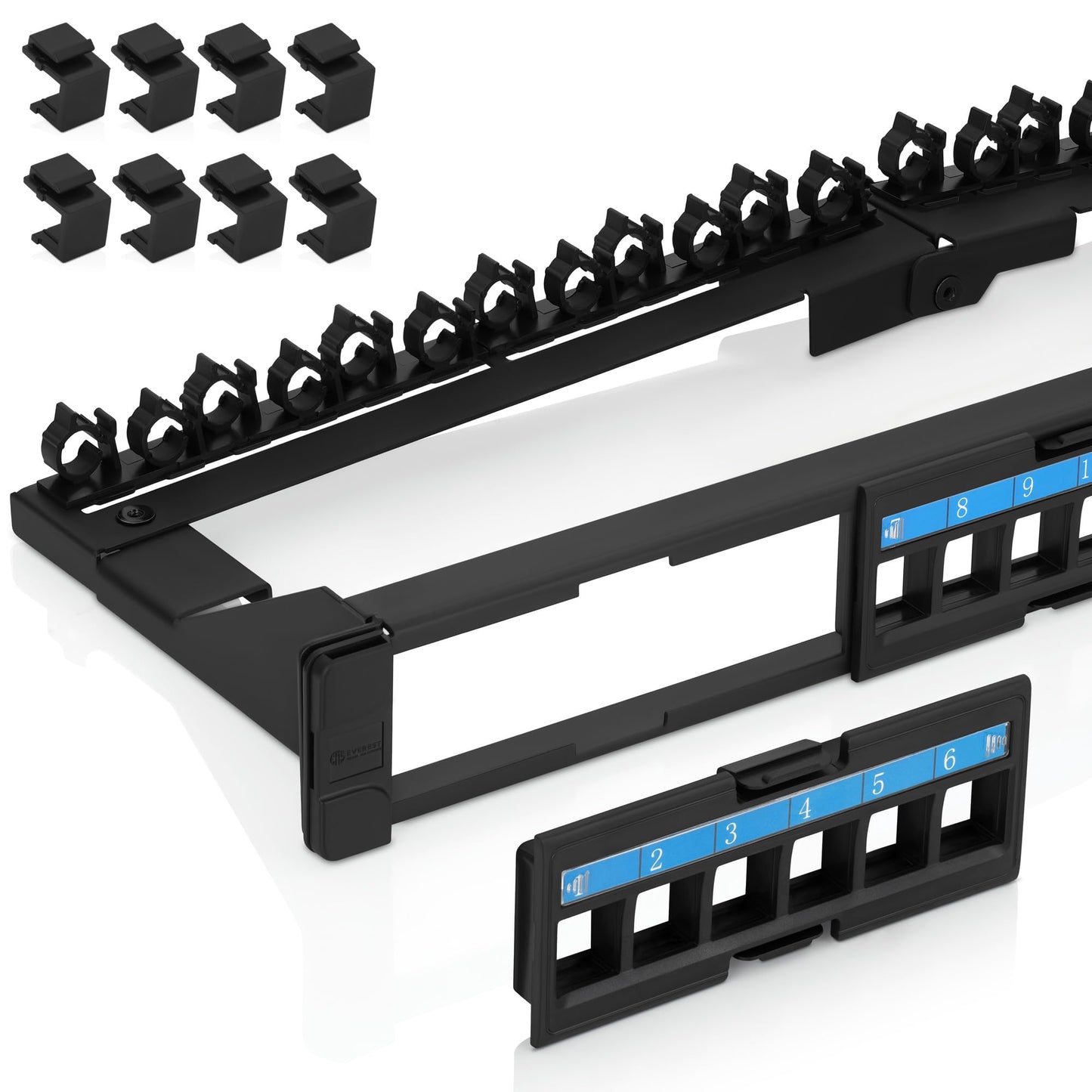 Everest 24 Port Keystone Patch Panel (4-Pack) - Removable 6-Port Panels - Use with Slim Profile Keystones ONLY (Wider Jacks May not fit Side by Side) - with Adjustable Rear Cable Management Bar