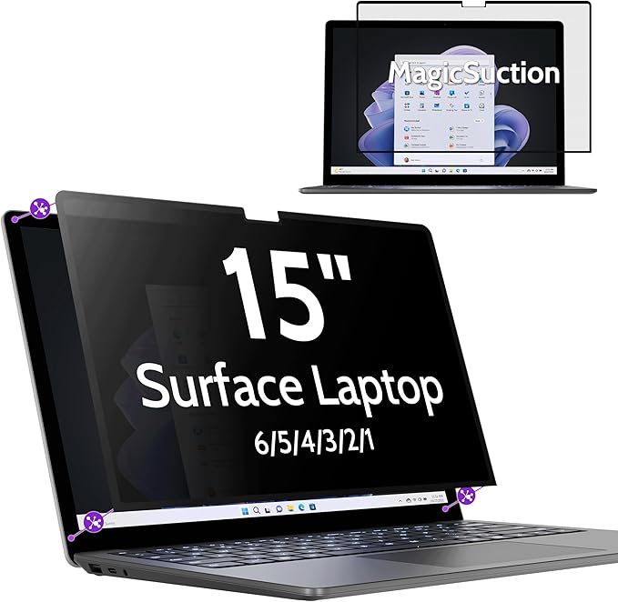 Peslv Privacy Screen for 15 Inch Surface Laptop 6/5/4/3/2/1, MagicSuction™ Removable Anti Spy Black Protector, Glare Blue Light Filter for Microsoft Laptop Computer Monitor