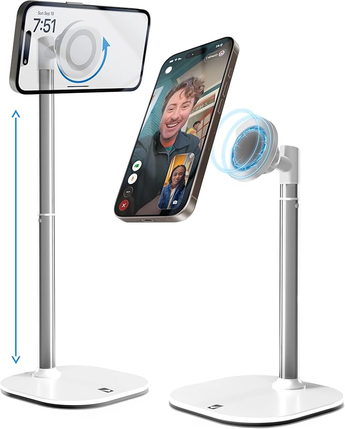 COOPER MagStand - Adjustable Magnetic iPhone Stand for Desk & Phone Holder for Video Recording, Compatible with MagSafe, Stand for iPhone 16 Pro Max, 15/14/13/12, Small Mag Safe Tripod (Cream White)