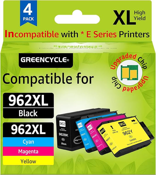 greencycle 962XL Ink Cartridges Combo Pack Replacement for HP 962XL 962 XL High Yield Ink Cartridge Set Work for HP OfficeJet Pro 9010, 9020 Series Printer (1BK/1C/1M/1Y, 4 Pack)