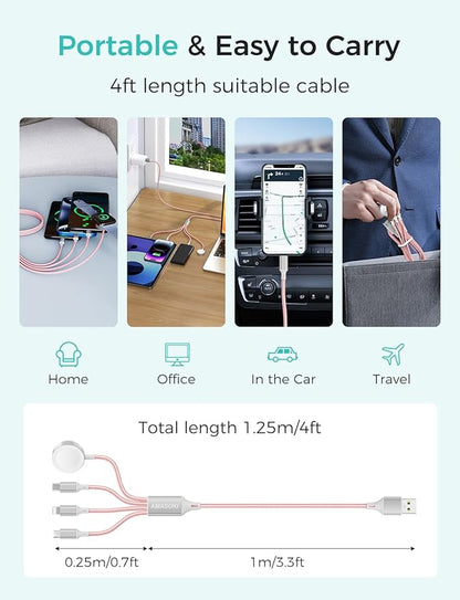 2Pack Travel Essentials Multi Charging Cable for Watch Charger 4 in 1 Fast Charger Camping Essentials USB C/L/Micro Compatible with Watch Series 10-1/SE/Ultra Phone 16 15/Galaxy Android-4FT/Pink