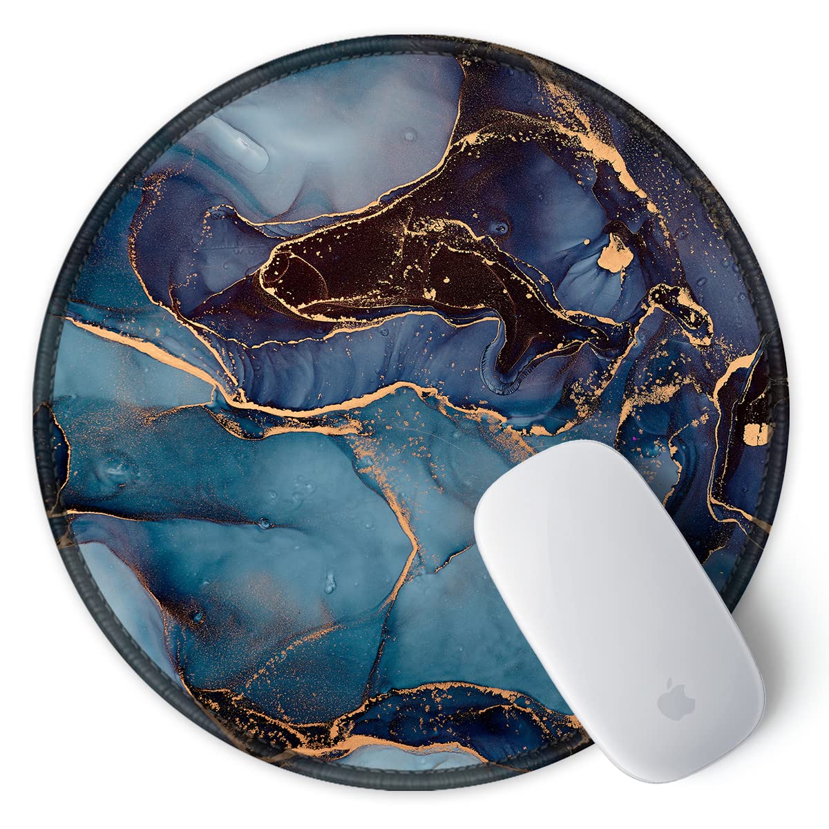 ITNRSIIET Round Mouse Pad with Stitched Edge Premium-Textured Waterproof Non-Slip Rubber Base Desktop Protection Mat Diameter 8.7 inches, Blue and Black Marble
