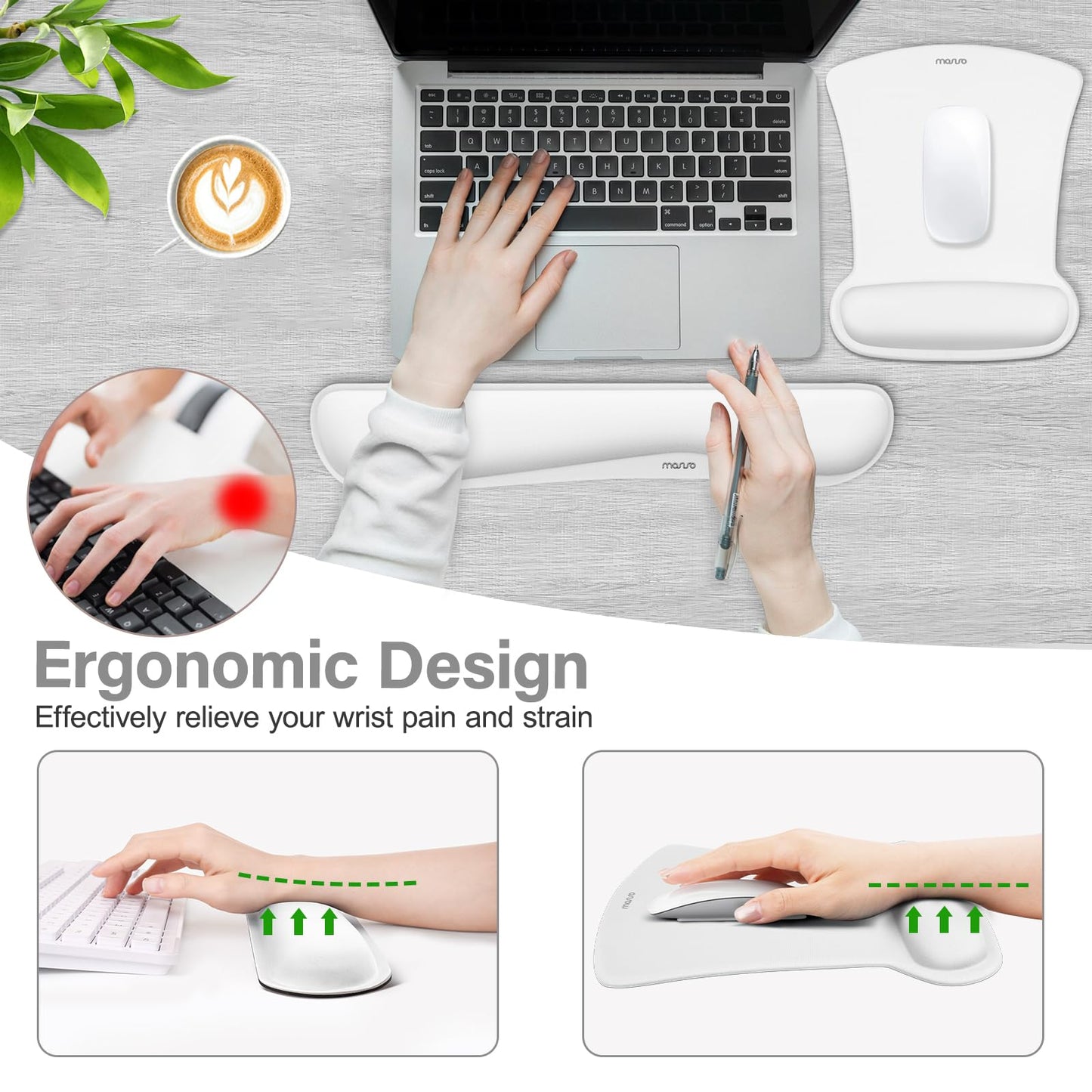 MOSISO Wrist Rest Support for Mouse Pad & Keyboard Set, Ergonomic Mousepad Non-Slip Base Home/Office Pain Relief & Easy Typing Cushion with Neoprene Cloth & Raised Memory Foam, White