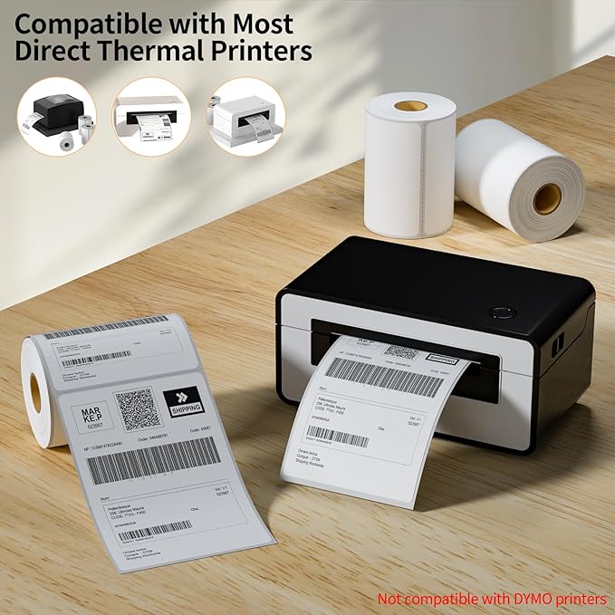 2 Rolls 4" x 6" Direct Thermal Printer Label, 250 Labels/Roll, Total 500 Thermal Shipping Labels, Strong Adhesive, Commercial Grade, Perforated, Compatible with Most Thermal Printers (NOT for DYMO)