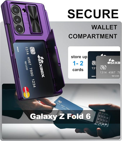 for Samsung Galaxy Z Fold 6 Case with S Pen Holder & Card Holder & Screen Protector, Built-in Hinge Protection & Sliding Camera Lens Cover, Durable Wallet Phone Case for Z Fold 6, Dark Purple