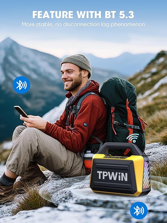 Portable Bluetooth Speakers - Wireless Jobsite Speaker 80W Peak, TWS, Light Shows, Loud Speaker with Deep Bass, BT 5.3, IPX6 Waterproof, 20H Playtime for Outdoor Beach Camping Garage - Yellow