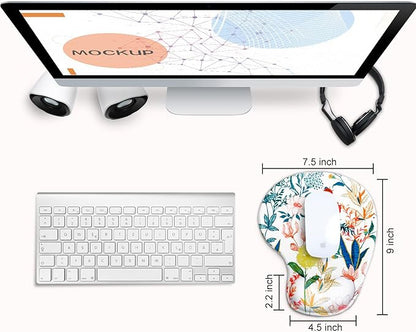 JIKIOU Mouse Pad, 2 Pack Ergonomic Mouse Pads with Comfortable Gel Wrist Rest Support and Smooth Cloth, Non-Slip PU Base for Easy Typing Pain Relief Durable and Easy to Clean Small White Flowers