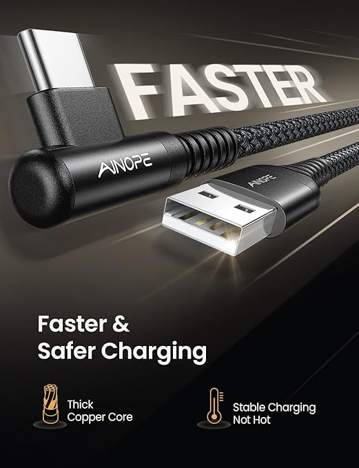 AINOPE USB Type C Cable 5-Pack [10/6.6/6.6/3.3/1.6ft] 3.1A C Type Charging Cable Right Angle, Nylon Braided USB C Cable Compatible with Galaxy S22 S20 Plus, Note 20, LG V20, Type C Charger Black