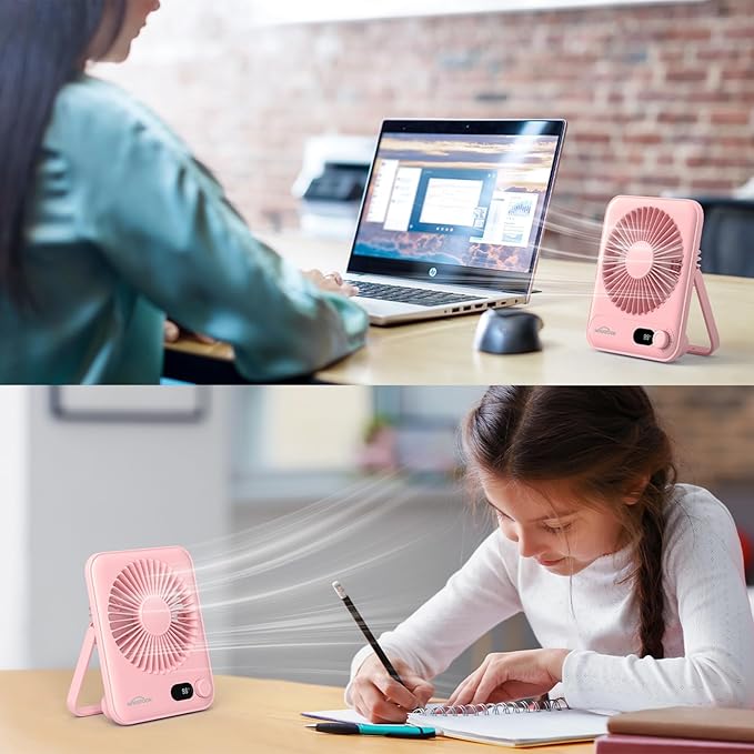WHATOOK Small Desk Fan Personal Fans: 5000mah 25 Hours Battery Office Quiet Mini Desktop Fan Portable Rechargeable Travel Essentials