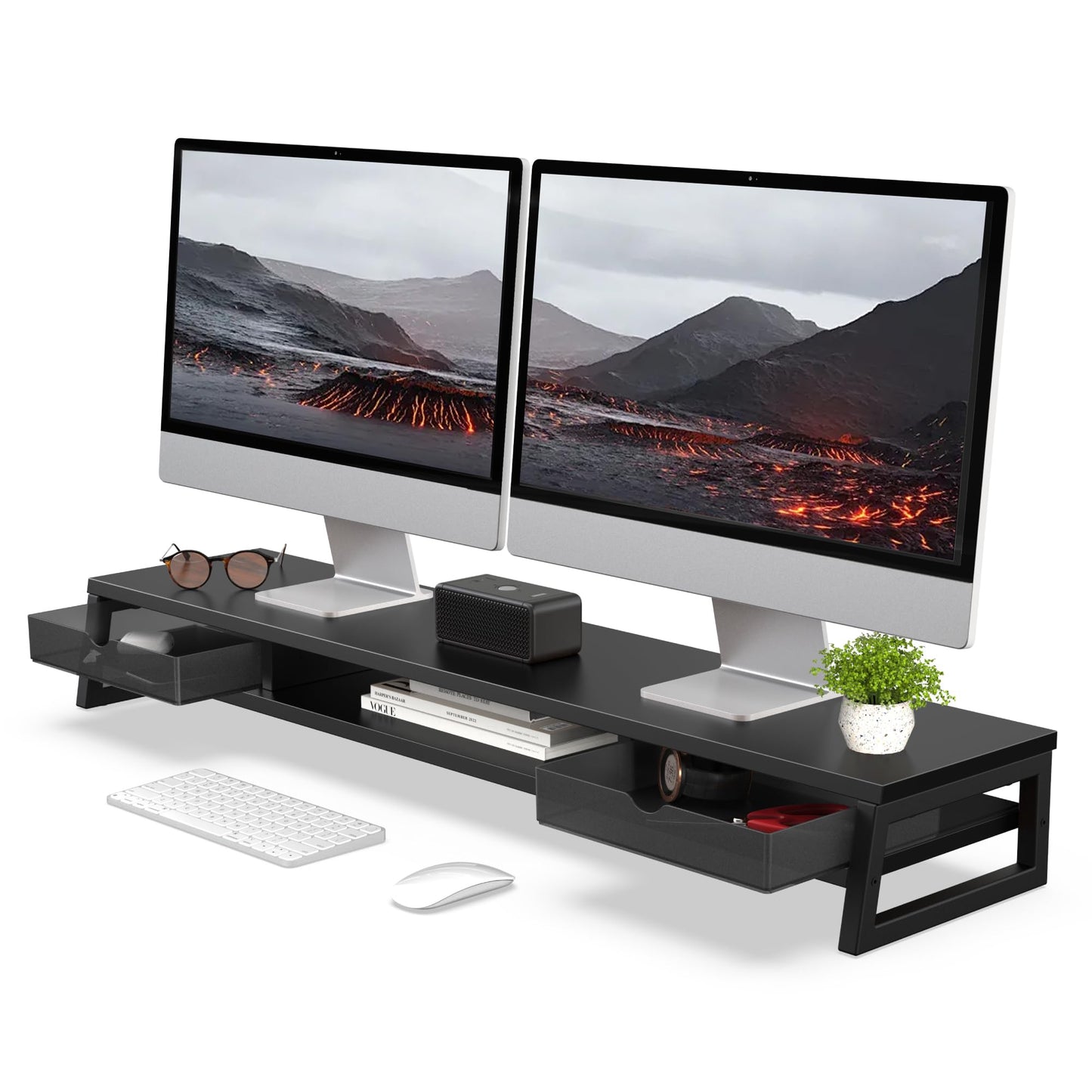 Fenge Dual Monitor Stand Riser, 42.5in Desk Shelf with 2 Drawers, Black