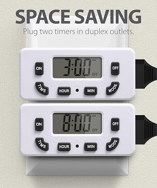 Fosmon 24 Hour Programmable Digital Timer Outlet (2 Pack), ON/Off Program, LCD Display, Mini Indoor Single Plug-in, 125V 15A for Seasonal Light, Lamp, Heater, Portable Fan, Aquarium