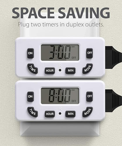 Fosmon 24 Hour Programmable Digital Timer Outlet (2 Pack), ON/Off Program, LCD Display, Mini Indoor Single Plug-in, 125V 15A for Seasonal Light, Lamp, Heater, Portable Fan, Aquarium