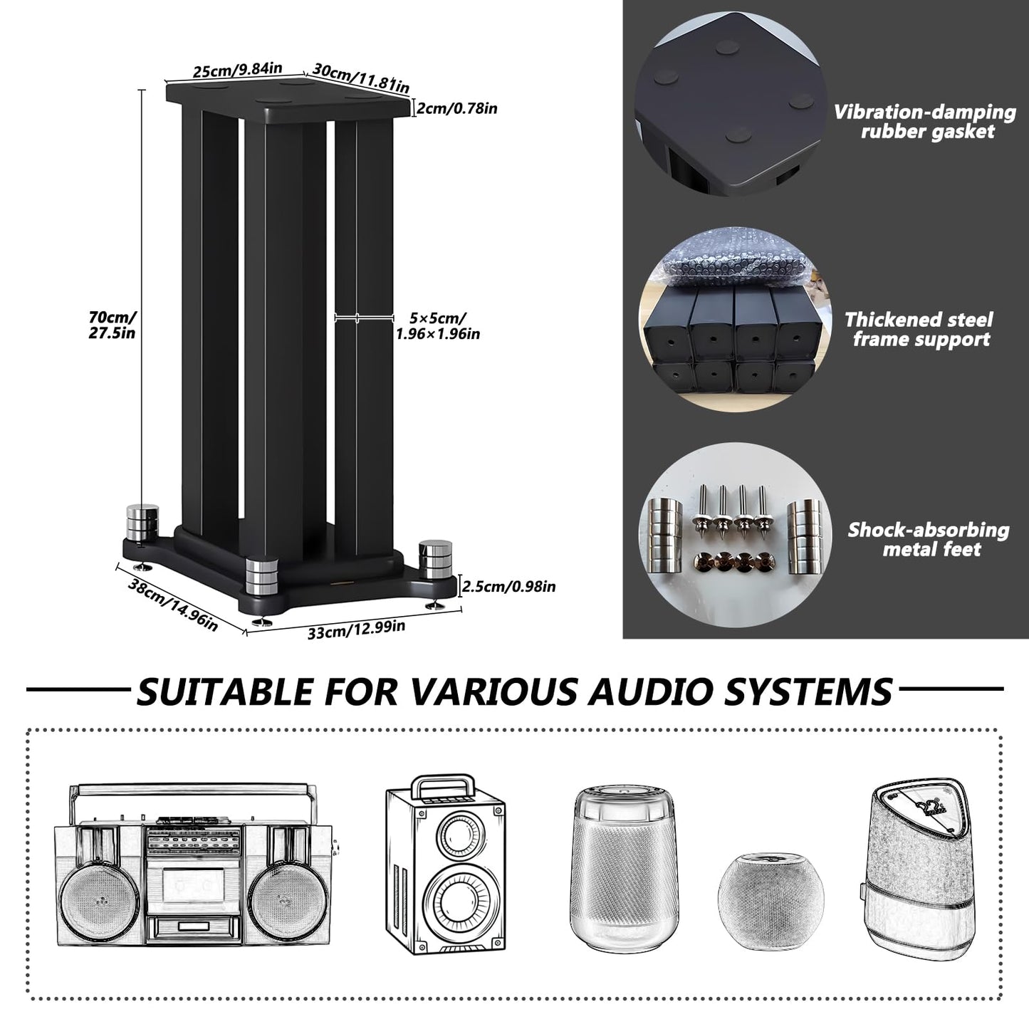 A Pair of Speaker Stands, Bookshelf Speaker Stand Steel Frame Support for Speakers up to 40 kg, Vibration-Absorbing MDF Design, Studio Monitor Stands Improves Sound Quality (60cm/23.6in)