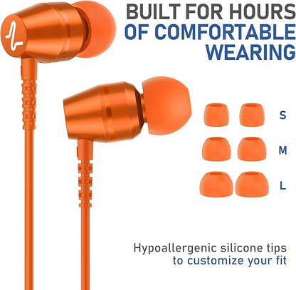 LUDOS OMNITONE Wired Earbuds in-Ear Headphones, 5 Years Warranty, Earphones with Microphone, 3.5 mm Jack Corded Ear Buds, Videoconference for iPhone, Samsung, Laptop, Kids, School Students - Orange