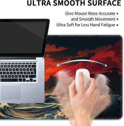 Japanese Sea Wave Large Mouse Pad,Gaming Keyboard Desk Pad,Extended Mouse Mat Non-Slip Rubber Base with Stitched Edges for Office Game Home XL 31.5"x11.8"