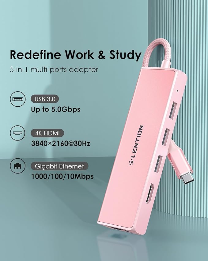 LENTION USB C Hub with Gigabit Ethernet Adapter, 4K HDMI, 3 USB 3.0 Port for 2024-2016 MacBook Pro 13/14/15/16, New Mac Air & Surface, Chromebook, More, Stable Driver Certified (CB-C25, Rose Gold)