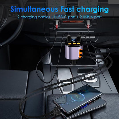 Retractable Car Charger,5 in 1 Fast Car Phone Charger 90W,Bluetooth 5.3 FM Transmitter Adapter,Handsfree Call,2 Retractable Cables and USB Cars Chargers for iPhone 15/14/13 (Purplr)
