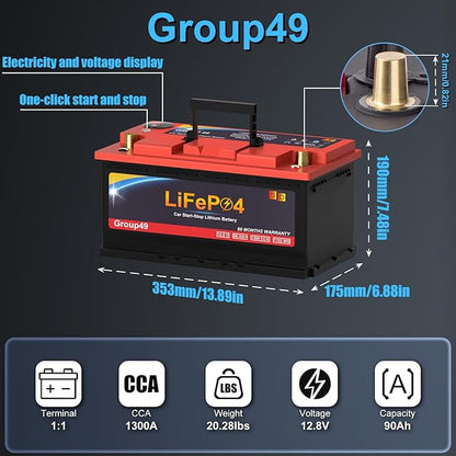 Car Battery GROUP 49 Start and Stop Lithium-ion Car Battery, 12.8V 90Ah 1300CCA LiFePO4 Automotive Battery For Car, With LED Display and Emergency Start Button 60 Months Warranty