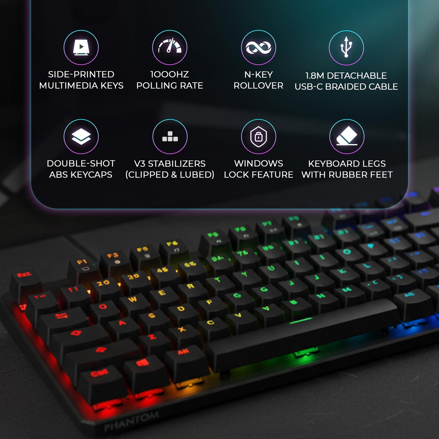 TECWARE Phantom+ 87 Key RGB Mechanical Gaming Keyboard, Black | TKL Thocky Creamy Keyboard, Hot Swappable, Double Shot ABS Keycaps, Wired USB-C, N-Key Rollover | Wraith Red Linear Switch