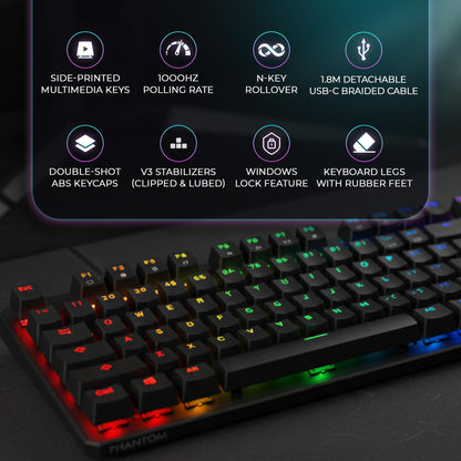 TECWARE Phantom+ 87 Key RGB Mechanical Gaming Keyboard, Black | TKL Thocky Creamy Keyboard, Hot Swappable, Double Shot ABS Keycaps, Wired USB-C, N-Key Rollover | Wraith Red Linear Switch