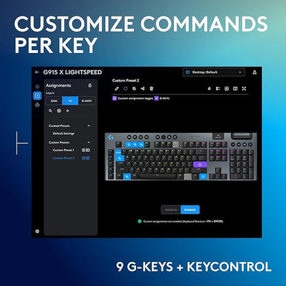 Logitech G915 X Lightspeed Wireless Mechanical Gaming Keyboard, Double-Shot PBT Keycaps, Fully Programmable Keys, RGB Backlit Mac/PC Gaming Keyboards, Aluminum Finish, GL Linear Switches, Black