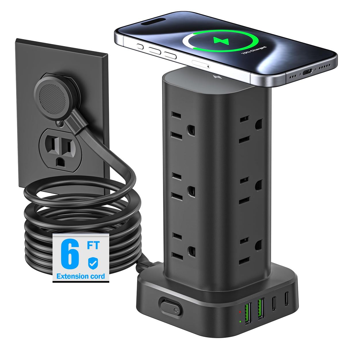 Tower Power Strip with 15W Wireless Charger, 6FT Flat Plug Extension Cord with Multiple Outlets, 12 AC Outlets, 4 USB Ports (2 USB C) Charging Station Surge Protector for Office Home Dorm Room (Black)