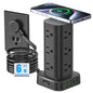 Tower Power Strip with 15W Wireless Charger, 6FT Flat Plug Extension Cord with Multiple Outlets, 12 AC Outlets, 4 USB Ports (2 USB C) Charging Station Surge Protector for Office Home Dorm Room (Black)