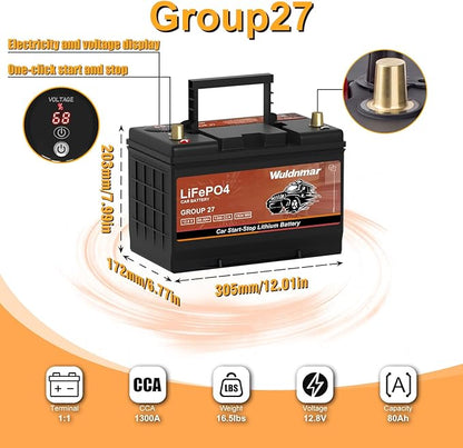 High Performance G27 12V 80AH Lithium Car Start-Stop Battery with 1300CCA and 60 Month Warranty