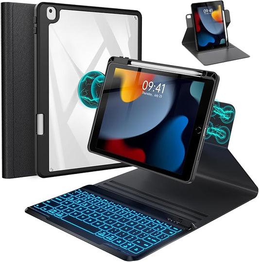 BLUTLOTUS Keyboard Case for iPad 9th/8th/7th Generation 10.2 Inch,360° Rotatable Magnetic Keyboard Case with Pencil Holder Grooves Design(2021/2020/2019),7 Color Backlit Detachable Wireless (Black)
