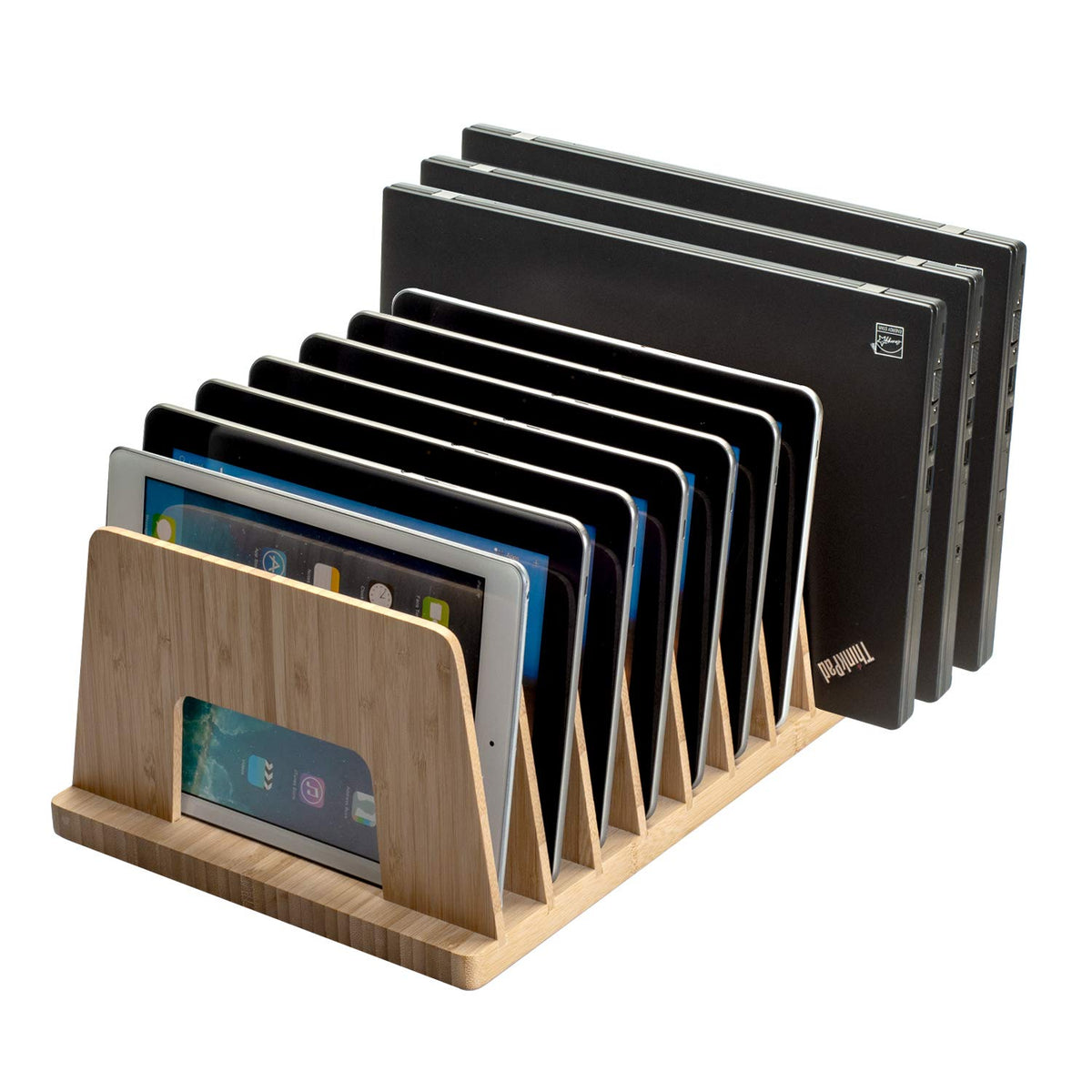 MobileVision Bamboo Multi Device Inclined Organizer for Smartphones, Tablets and Laptops, Upright Sections, Step Sorter, 5 Slots