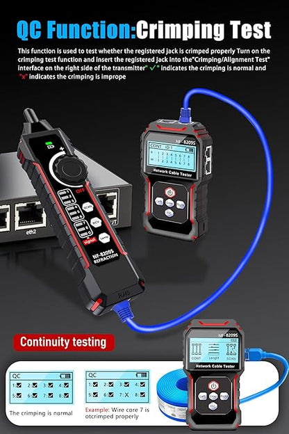 NF-8209S Network Cable Tester, RJ45 Ethernet Tester for POE/Cat5/Cat7/Cat6a/Cat6/Cat5e, Wire Mapper, Length, Open/Short, Wire Fault Locator, Ethernet LAN Network Toner Tool