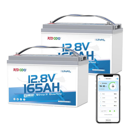 Redodo Group 31 Bluetooth LiFePO4 Battery 12V 165Ah, 2112Wh Max. Energy, 165A BMS with Low Temp Protection, Perfect for RV, Marine, Solar, Home Energy Storage (2 Pack)