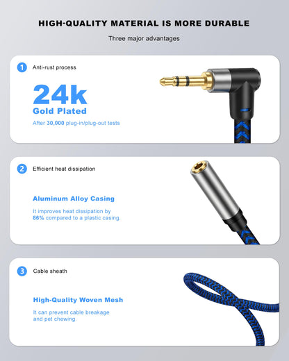 GGMTY 3FT 3.5mm Audio Extension Cable, 90-Degree Right Angle Aux Extender Cord (Male to Female), Nylon Braided TRS Stereo Audio Jack Adapter for Car, PC, Speakers, Headphones (No Mic Support)