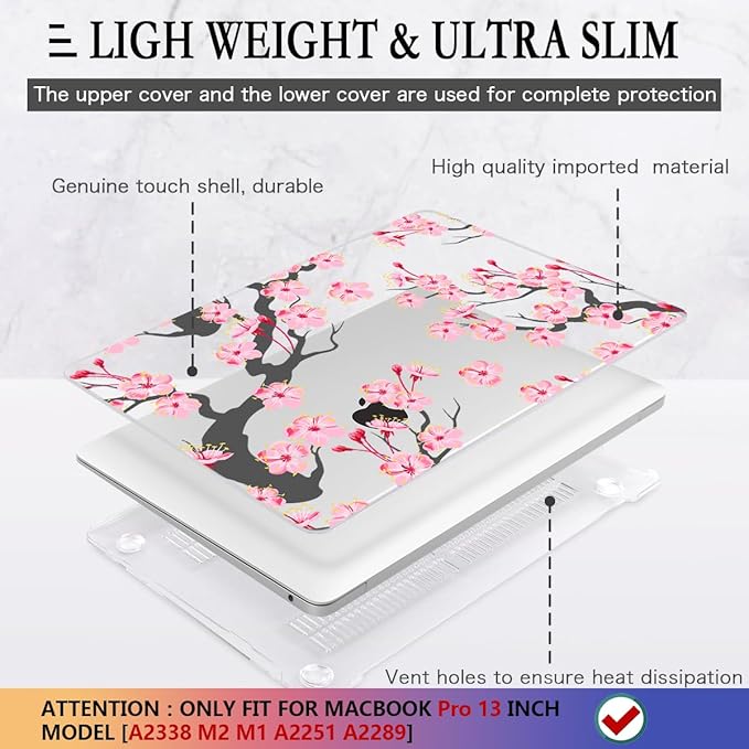 CISSOOK Hard Shell Case for MacBook Pro 13 inch A2338 A2289 A2251 2025-2020 Released, Cherry Floral Beauty Cover with Keyboard Cover and Screen Protector for MacBook Pro 13 M1 M2 - Cherry Blossoms