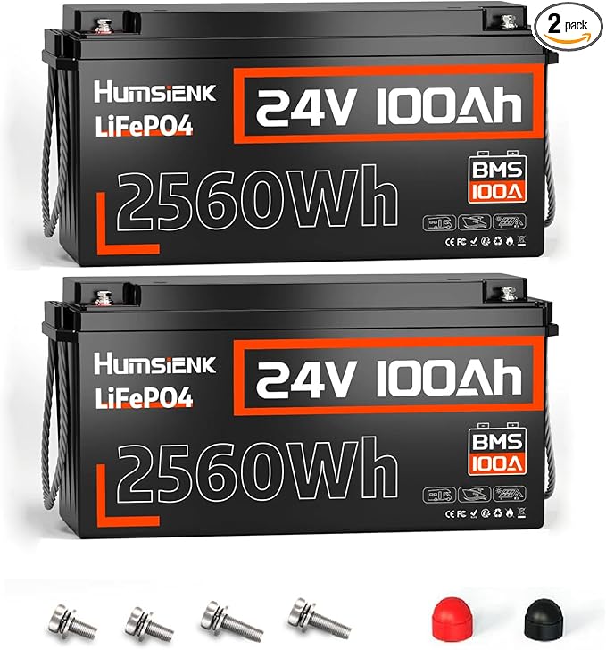 HumsiENK 24V Lithium Battery 100Ah LiFePO4 Batterys 2 PCS, Built-in 100A BMS with Low-Temp, 15000+ Deep Cycles, 2560Wh Lithium Iron Phosphate Battery, for RV Solar Energy Off Grid Trolling Motor