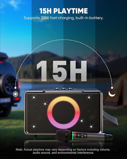 GFEEN Portable Bluetooth Speaker: 100W(160W Peak), 15H Playtime, Wireless Speakers with Microphone, 5″ Subwoofer, Loud Sound, Light Show, Fast Charging for Outdoor, Party, Backyard(Silver with 1Mic)